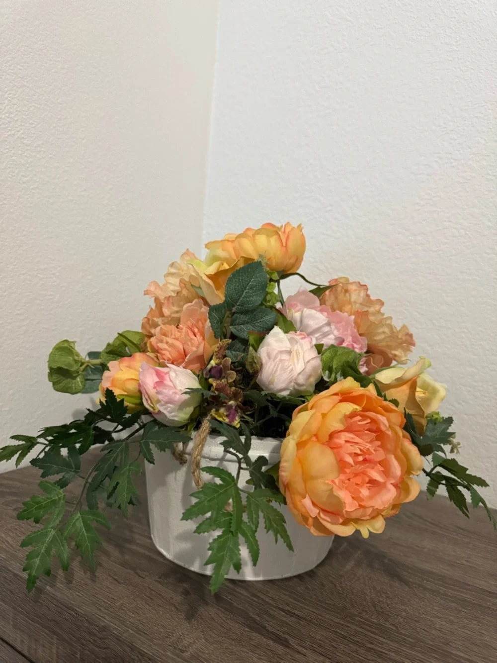 Vtg. Peach Floral Arrangement in White Wood Basket - Home Accents